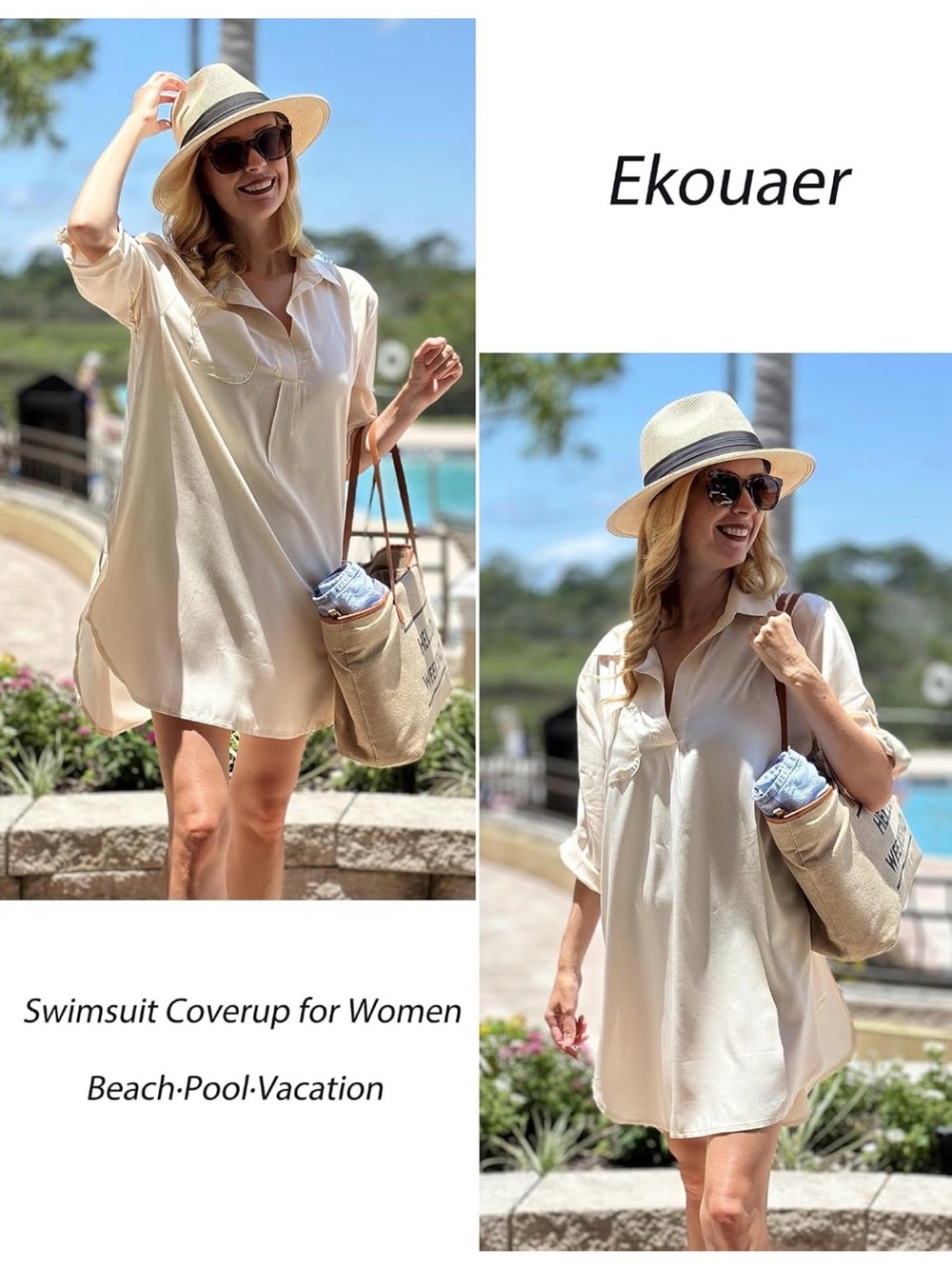 Ekouaer Women's Cream Swim Cover-Up Shirt Dress